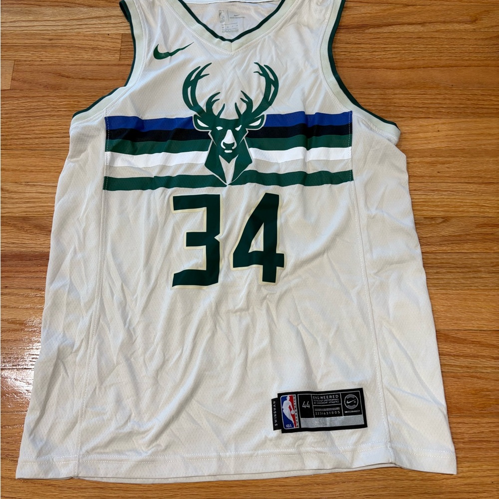 Nike White and Green Basketball Jersey with Blue Accents